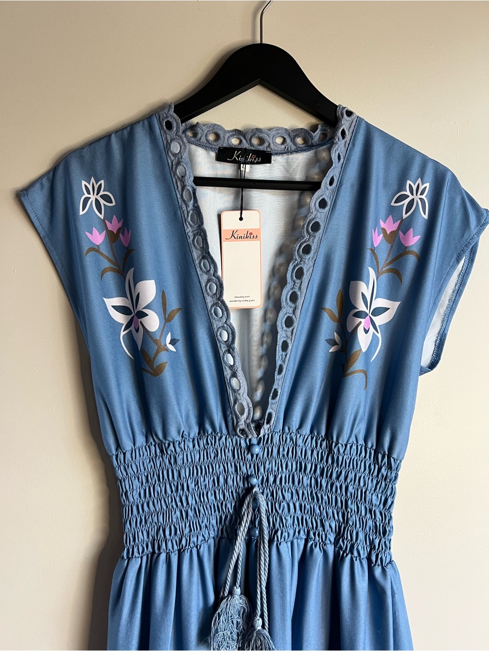 NWT Kinikiss Blue Floral Maxi Dress Womens S Boho Smocked Waist Lightweight